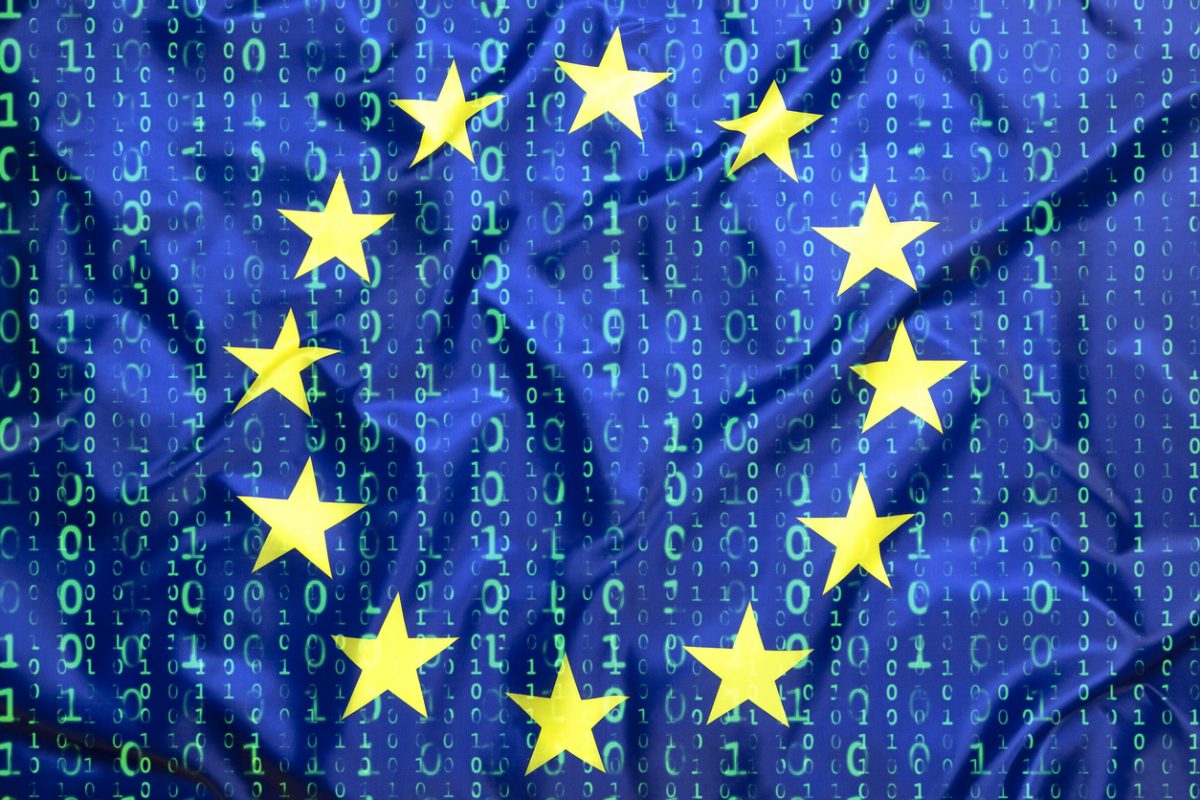 EU flag with backdrop of Matrix-style computer code